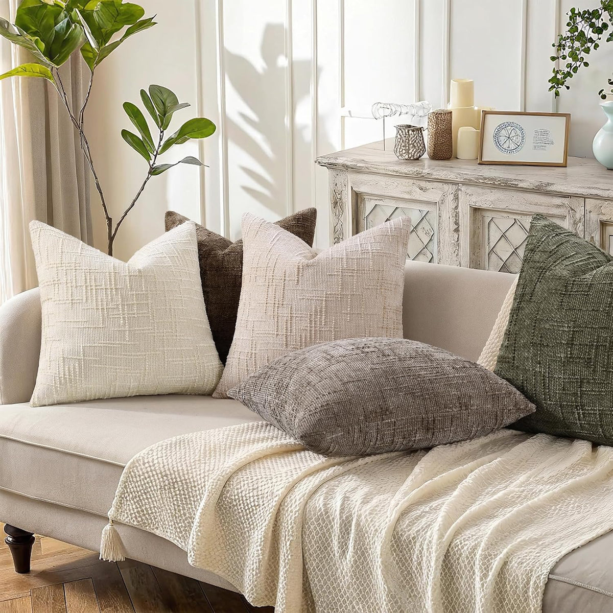 decorUhome Textured Chenille Throw Pillow Covers 18x18 Set of 2 Ivory