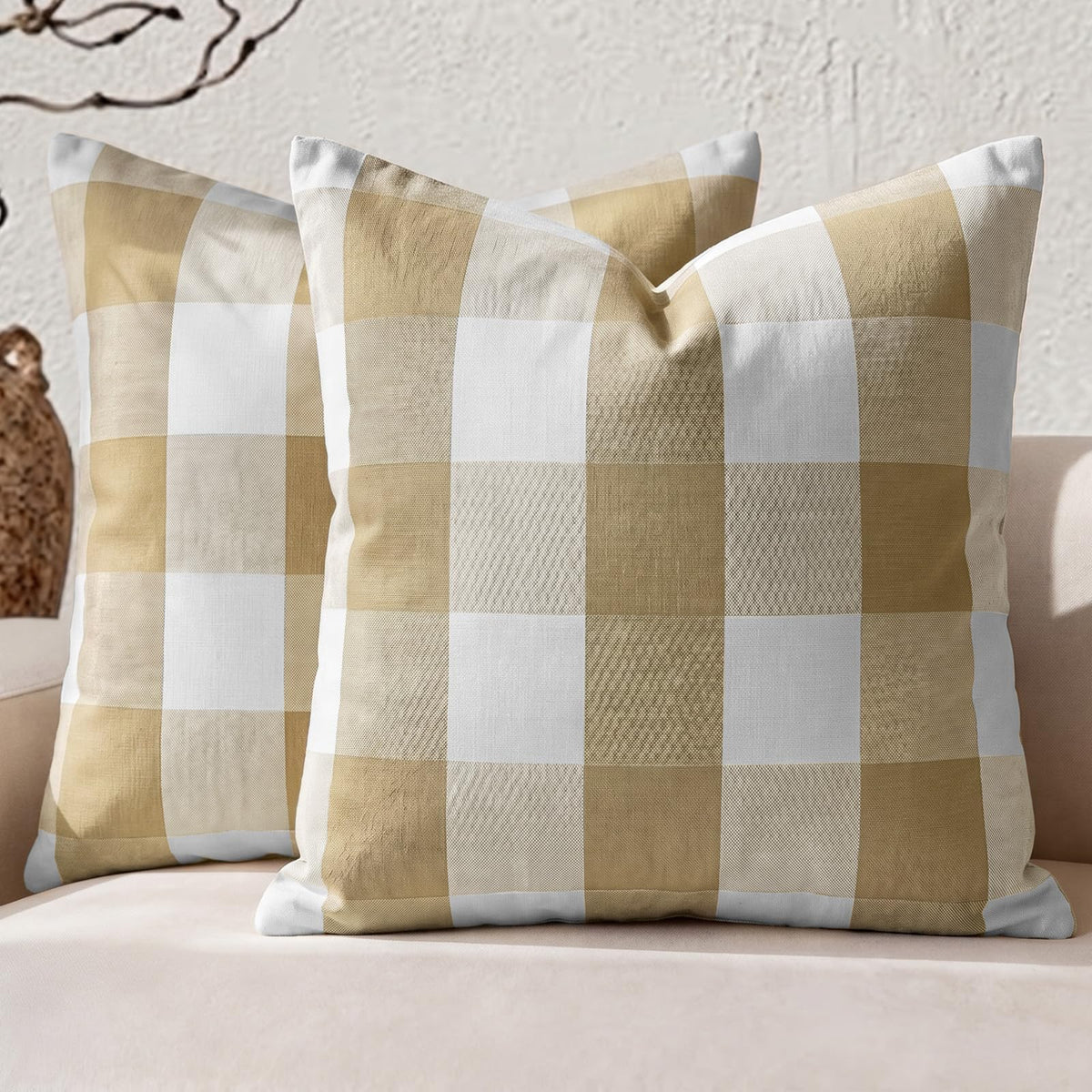 Farmhouse Brown Gingham Checkered Plaid Throw Pillow Covers 20x20 Set of 2