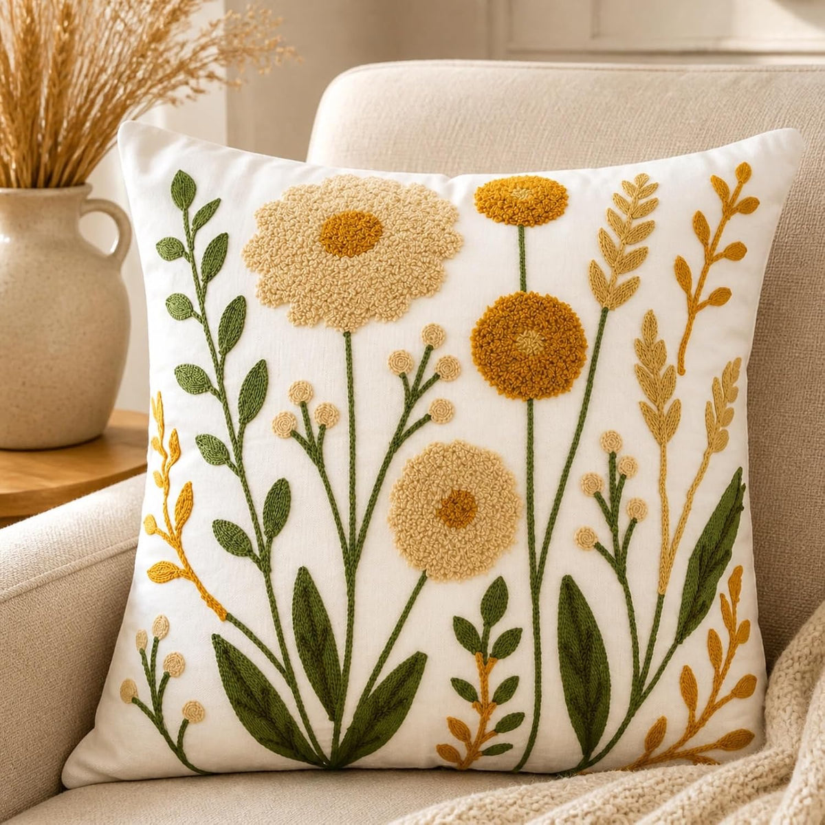 Embroidered Floral Throw Pillow Cover, 18x18 Inch Decorative Pillowcase