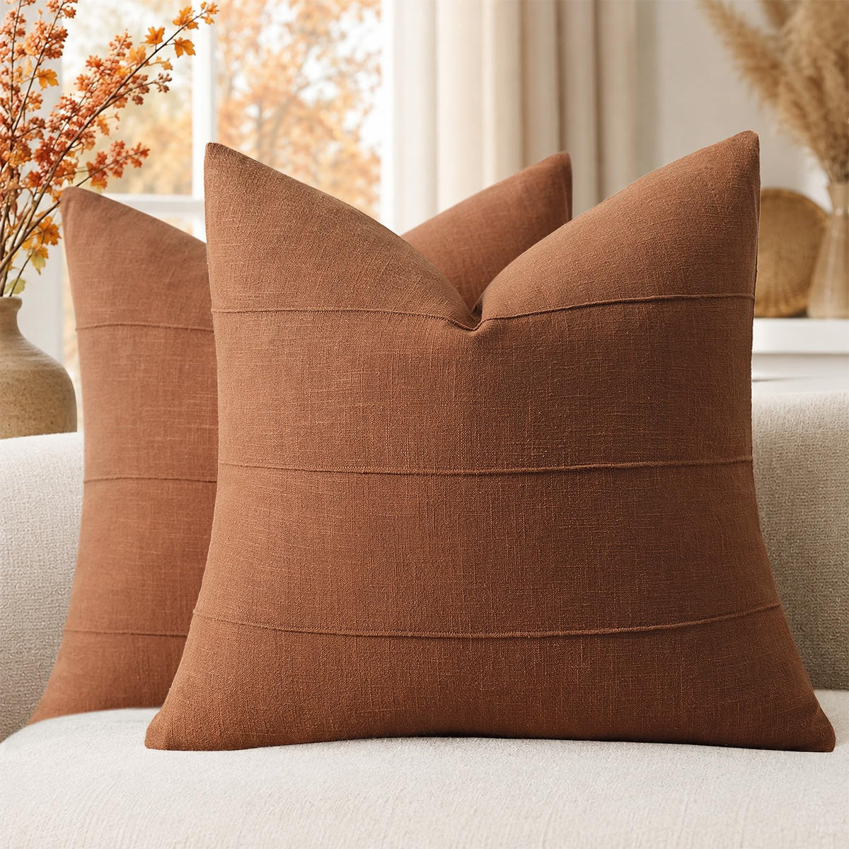 Decorative Linen Throw Pillow Covers 18x18 Set of 2 Solid handcrafted Striped Cushion Covers for Bed Soft Modern Farmhouse Neutral Pillowcase for Couch Bedroom Living Room Home Decor(Cream White)