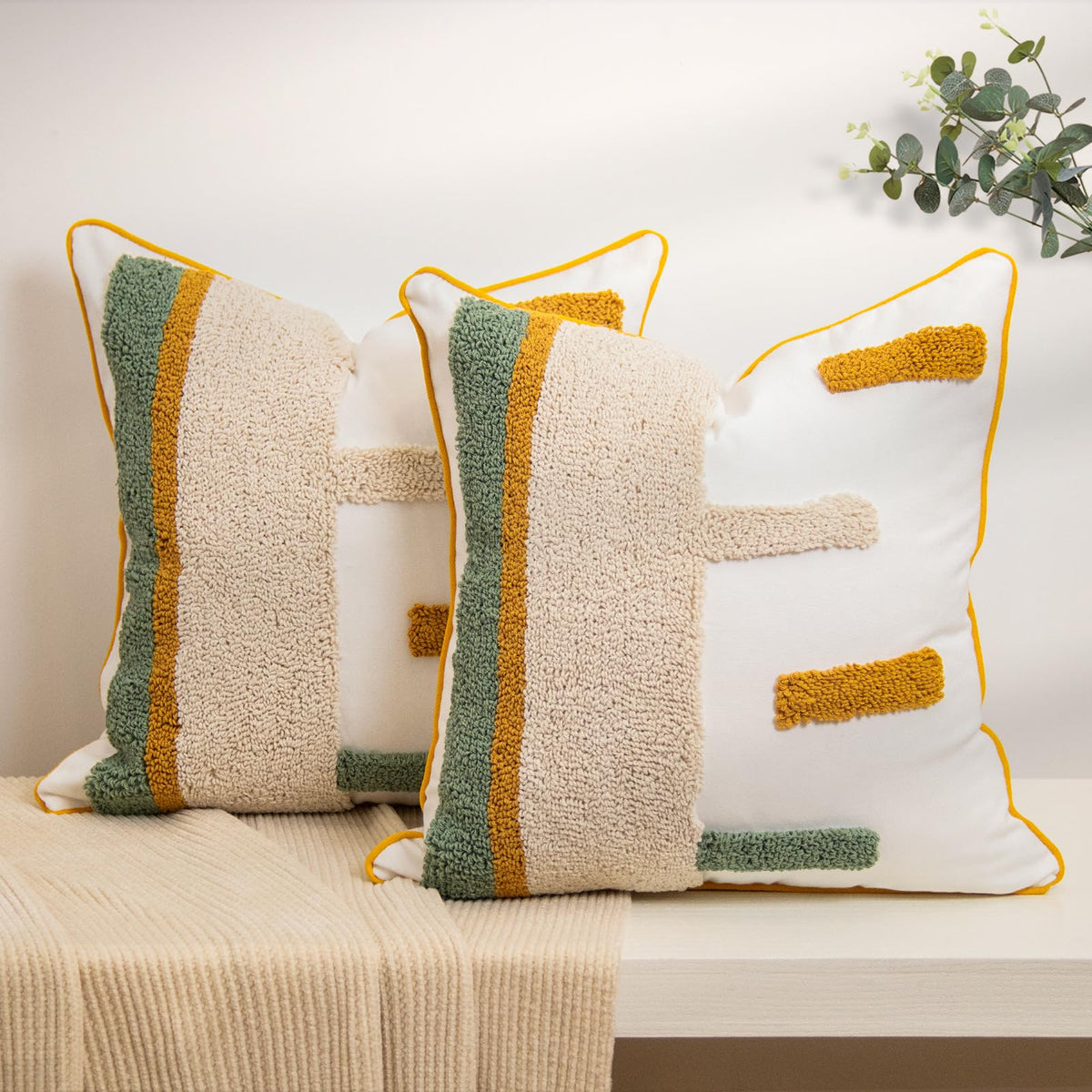 lifein 18x18 Pillow Covers-Throw Pillow Covers Boho Couch Pillows Embroidered Decorative Accent Pillows Mid Century Textured Pillowcases for Couch Sofa Living Room Bed (Olive Green and Cream)