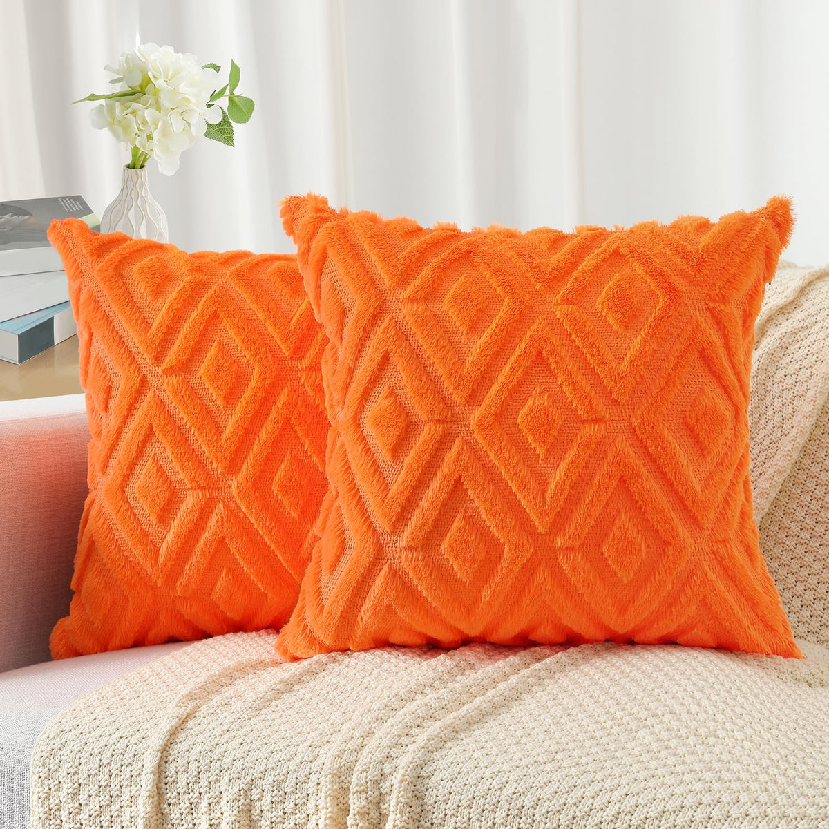Pallene Fall Cream White Faux Fur Throw Pillow Covers 18x18 Set of 2