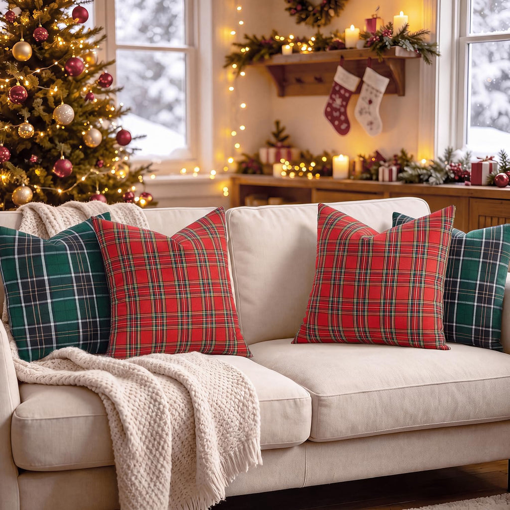VISIONTEX Christmas Plaid Pillow Covers 18x18 Inch, Green Tartan Set of 2