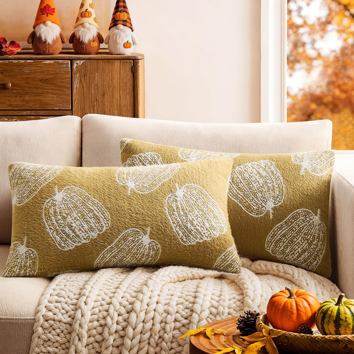 Throw Pillow Covers Set of 2 18x18 White Pumpkins Fall Camel Covers, Soft Faux Decorative Yellow Covers for Couch Sofa Bed Living Room, Farmhouse Home Boho Decor