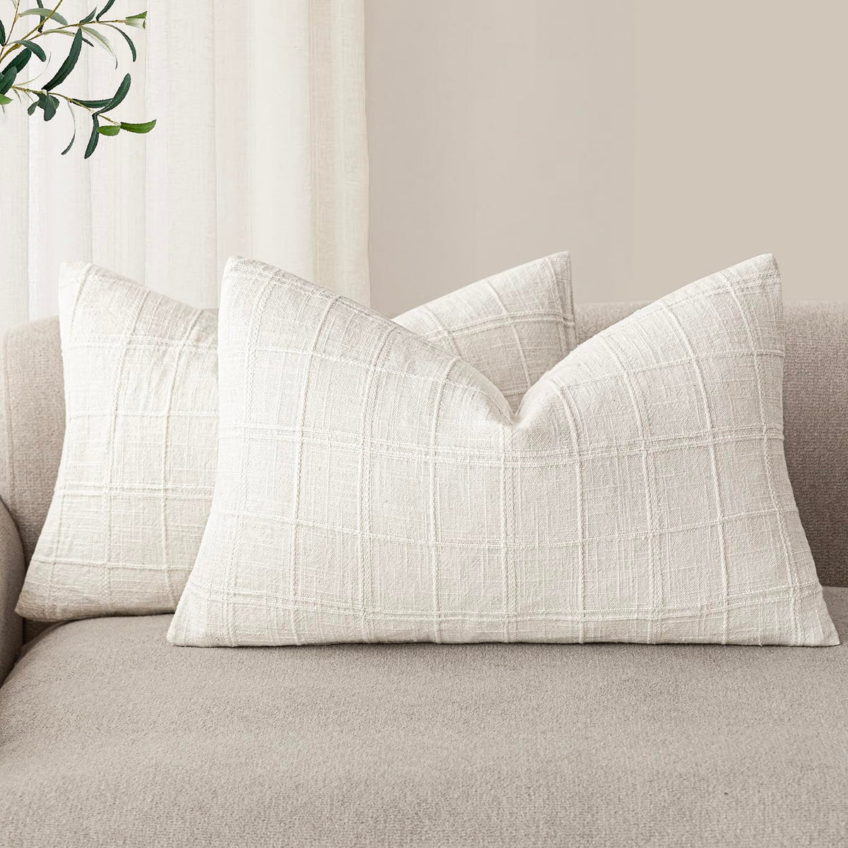 Foindtower Linen Check Decorative Throw Pillow Covers 18×18 Natural Beige