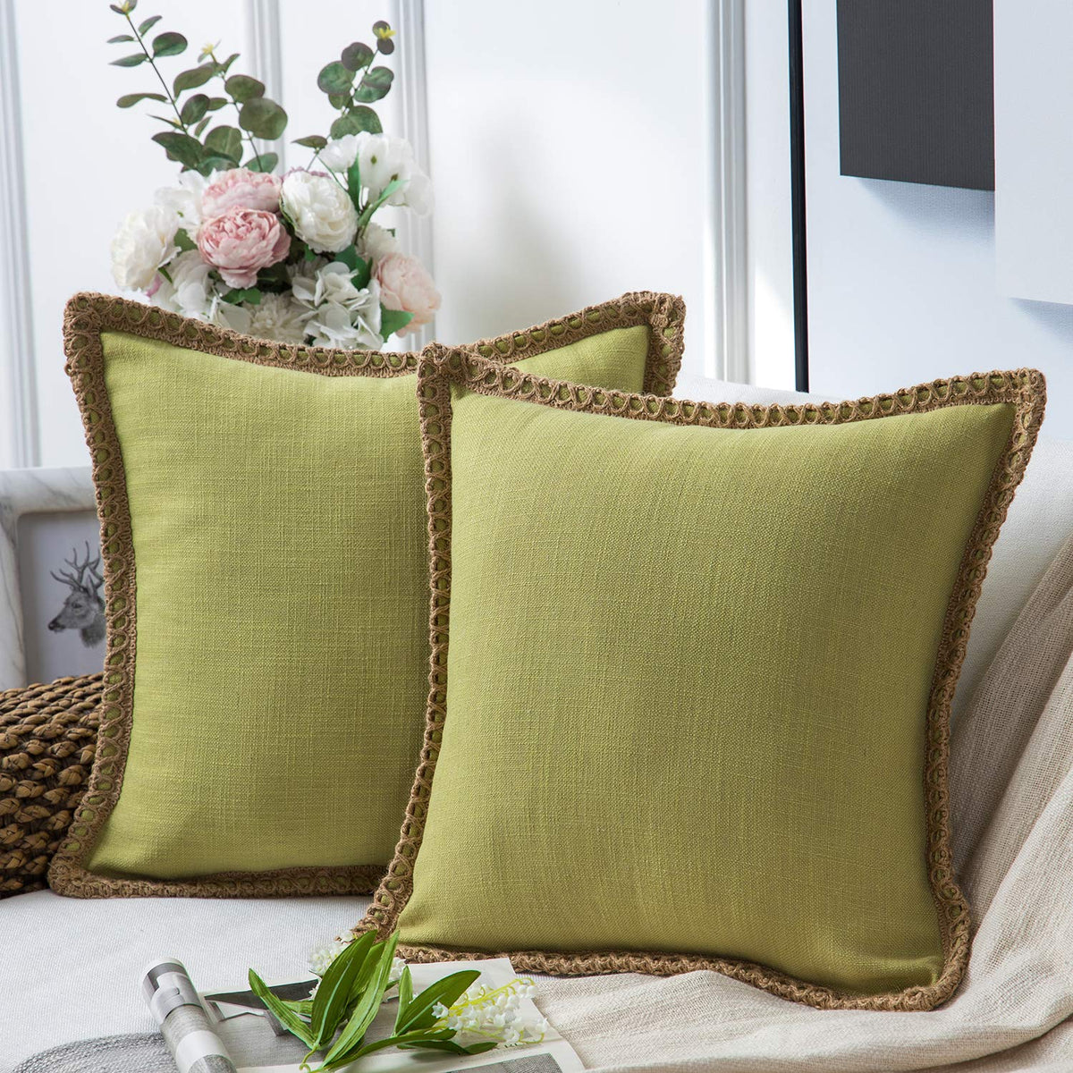 Phantoscope Pack of 2 Coastal Aqua Pillow Covers 18x18, Textured Polyester with Rope Trim, Fade Resistant Vintage Turquoise Blue Decorative Cushion Cases, Hidden Zipper, Farmhouse Boho Beach Decor