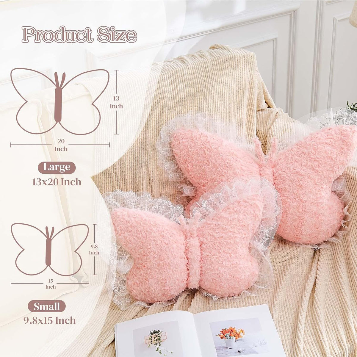 XVTRU Butterfly Pillow Decorative Pillows for Bed 15" Pink Cute Pillow
