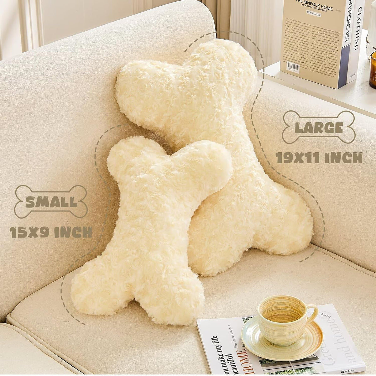 Bone Pillow Cute Bone Shaped Decorative Throw Pillows Aesthetic Home Decor Pillow Pet Pillow Plush Cushion for Bed (Cream, 15 Inch)