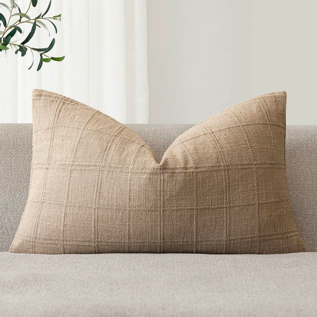 Foindtower Set of 1 Decorative Linen Check Throw Pillow Cover Neutral Farmhouse Lumbar Cushion Cover Modern Boho Home Decor for Sofa Chair Couch Bedroom Living Room,12×20 Inch,Olive Green