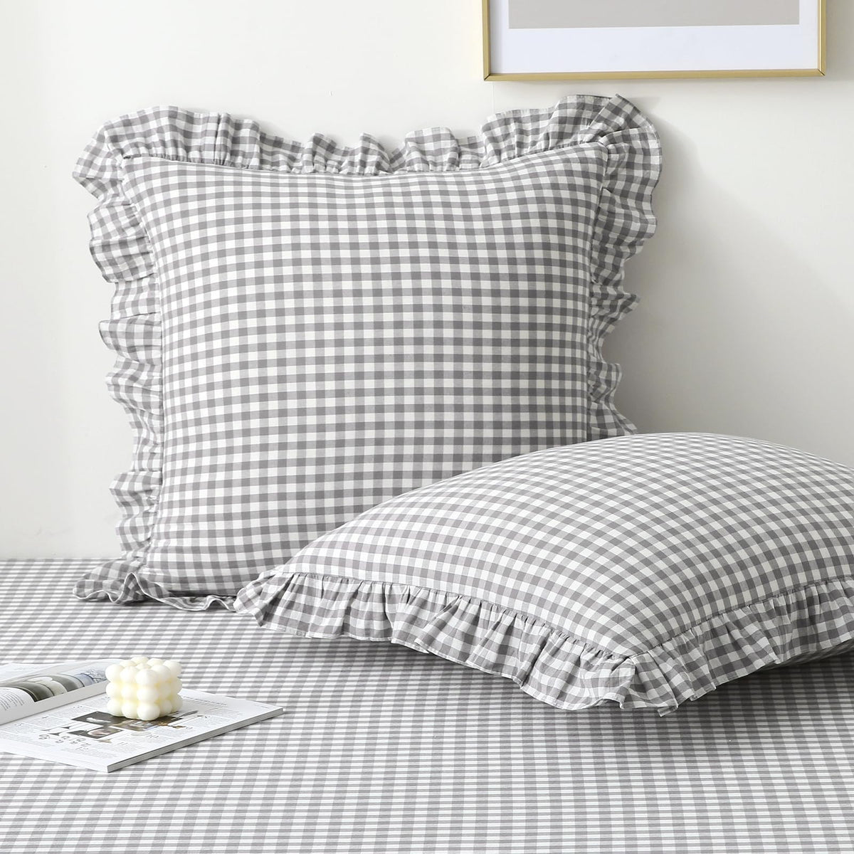 2 Pack Taupe White Gingham Ruffle Throw Pillow Covers 18''x18''