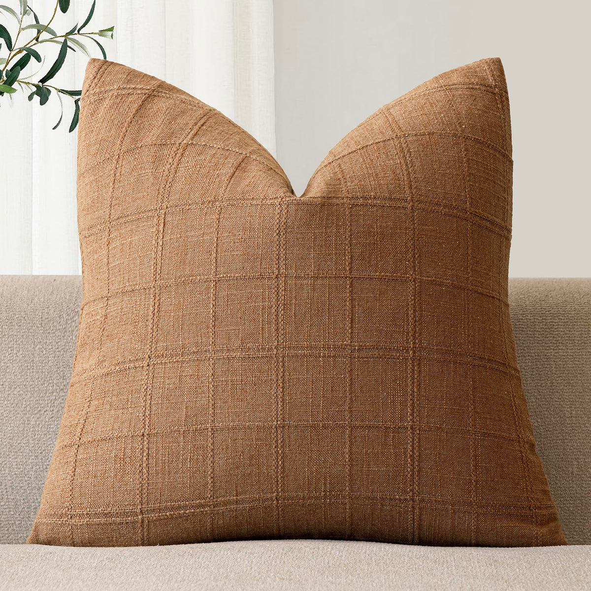 Foindtower Set of 1 Decorative Linen Check Throw Pillow Cover Neutral Farmhouse Lumbar Cushion Cover Modern Boho Home Decor for Sofa Chair Couch Bedroom Living Room,12×20 Inch,Olive Green
