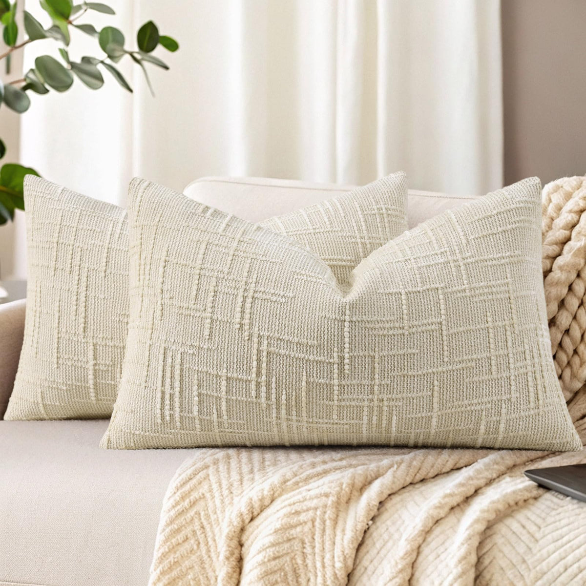 decorUhome Textured Chenille Throw Pillow Covers 18x18 Set of 2 Ivory