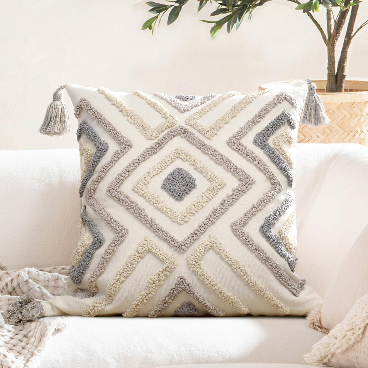 Boho Sofa Throw Pillow Covers – Exquisitely Crafted with Hand-Finished Tuft with Thick Cotton Tassel Details – Soft & Stylish Moroccan Decorative, 18x18inch (Spring Ruched)