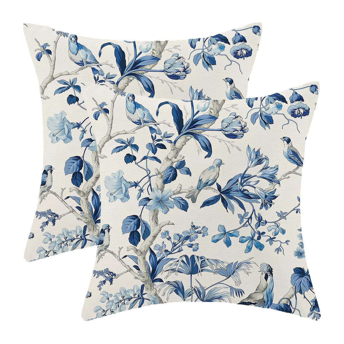 CXMEIFLY Spring Floral Birds Pillow Covers 22 x 22 Inch Set of 2 for Chinoiserie Flowers Decor Throw Pillows Blue and White Plant Outdoor Decorative Cushion Cases for Couch Bed Decorations