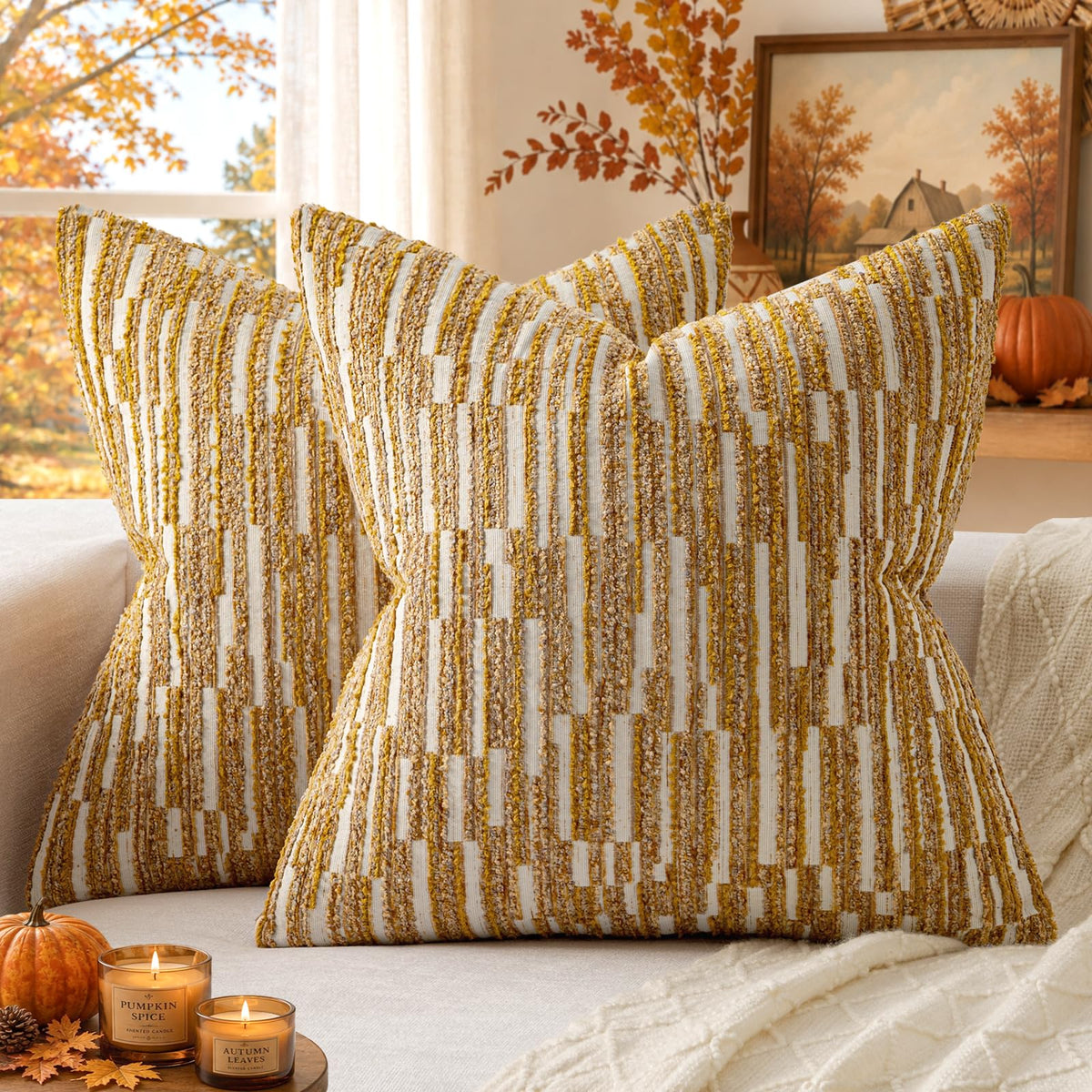 Boho Striped Decorative Throw Pillow Covers 20"X20" Set of 2,Moss Green