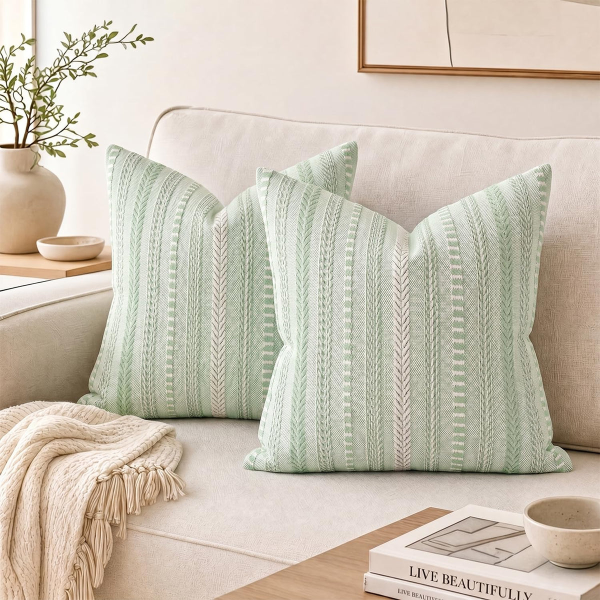 AVOIN colorlife Black Boho Decorative Throw Pillow Covers Set of 2, 18 x 18 Inch Woven Stripe Textured Rustic Cushion Case Home Decor for Living Room Couch Sofa