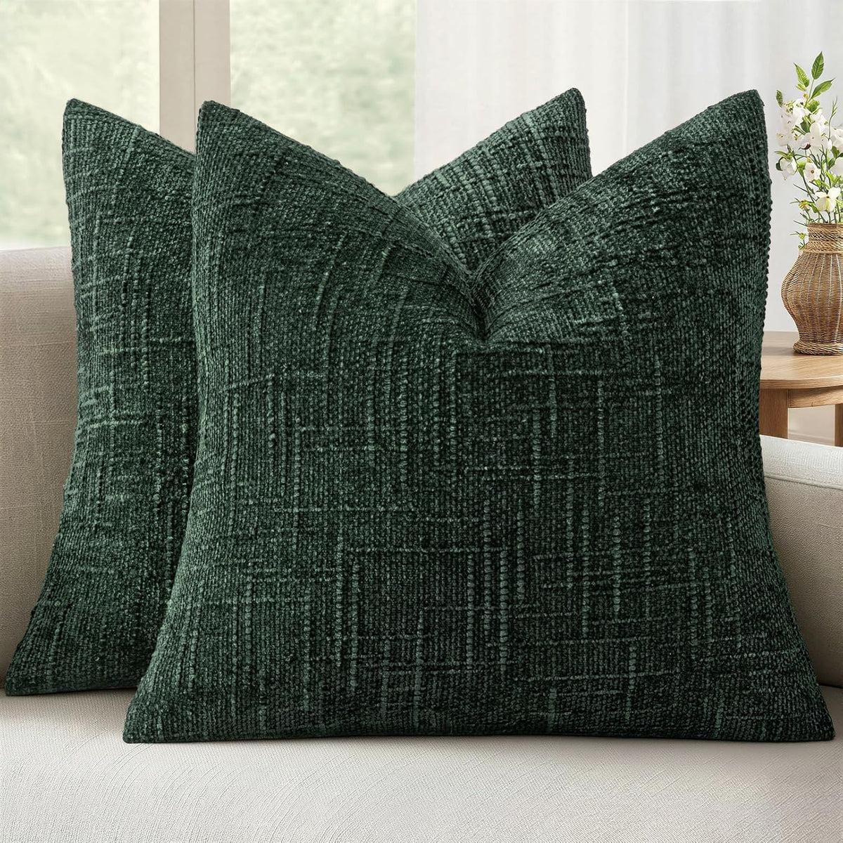 MIULEE Chenille Textured Throw Pillow Covers Cream White 18x18 Set of 2