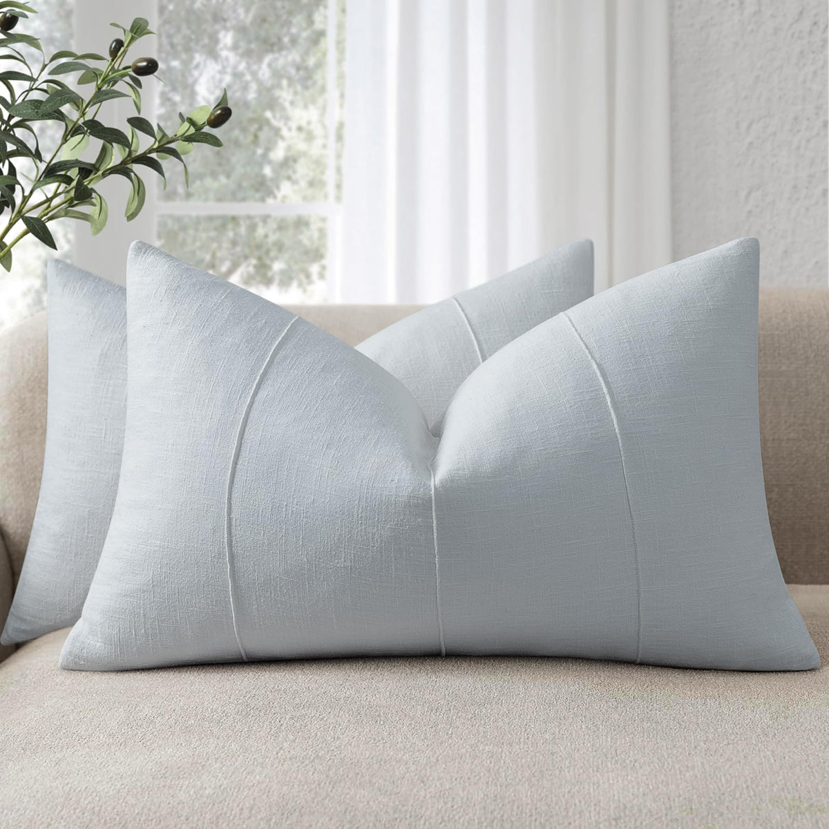 Decorative Linen Throw Pillow Covers 18x18 Set of 2 Solid handcrafted Striped Cushion Covers for Bed Soft Modern Farmhouse Neutral Pillowcase for Couch Bedroom Living Room Home Decor(Cream White)