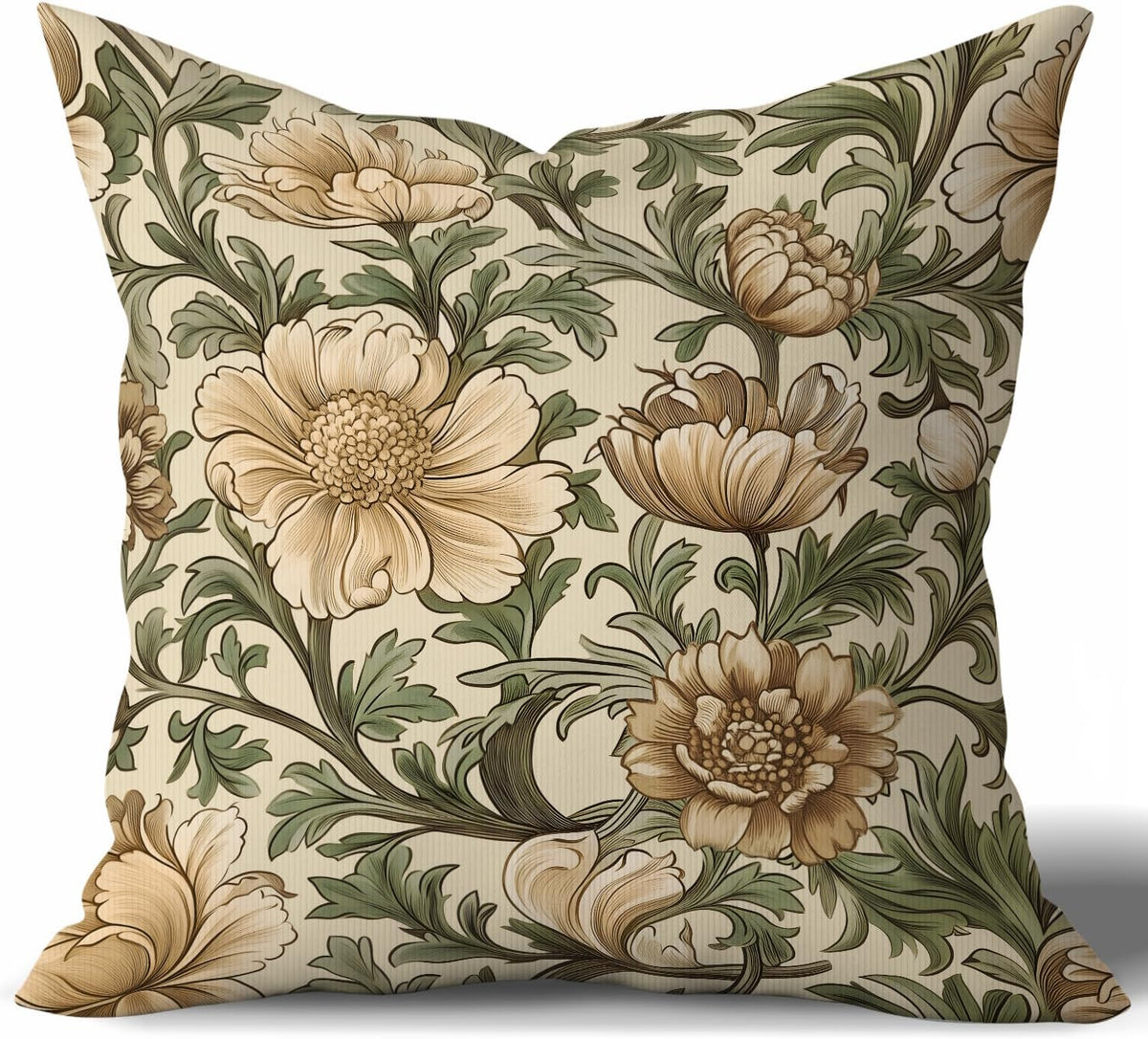 Vintage William Morris Inspired Poppy Floral Throw Pillow Cover 18×18,Olive Green Botanical Cushion Cover,Retro Floral Art Decorative Square Double-Sided Pillowcase for Sofa Bed Farmhouse