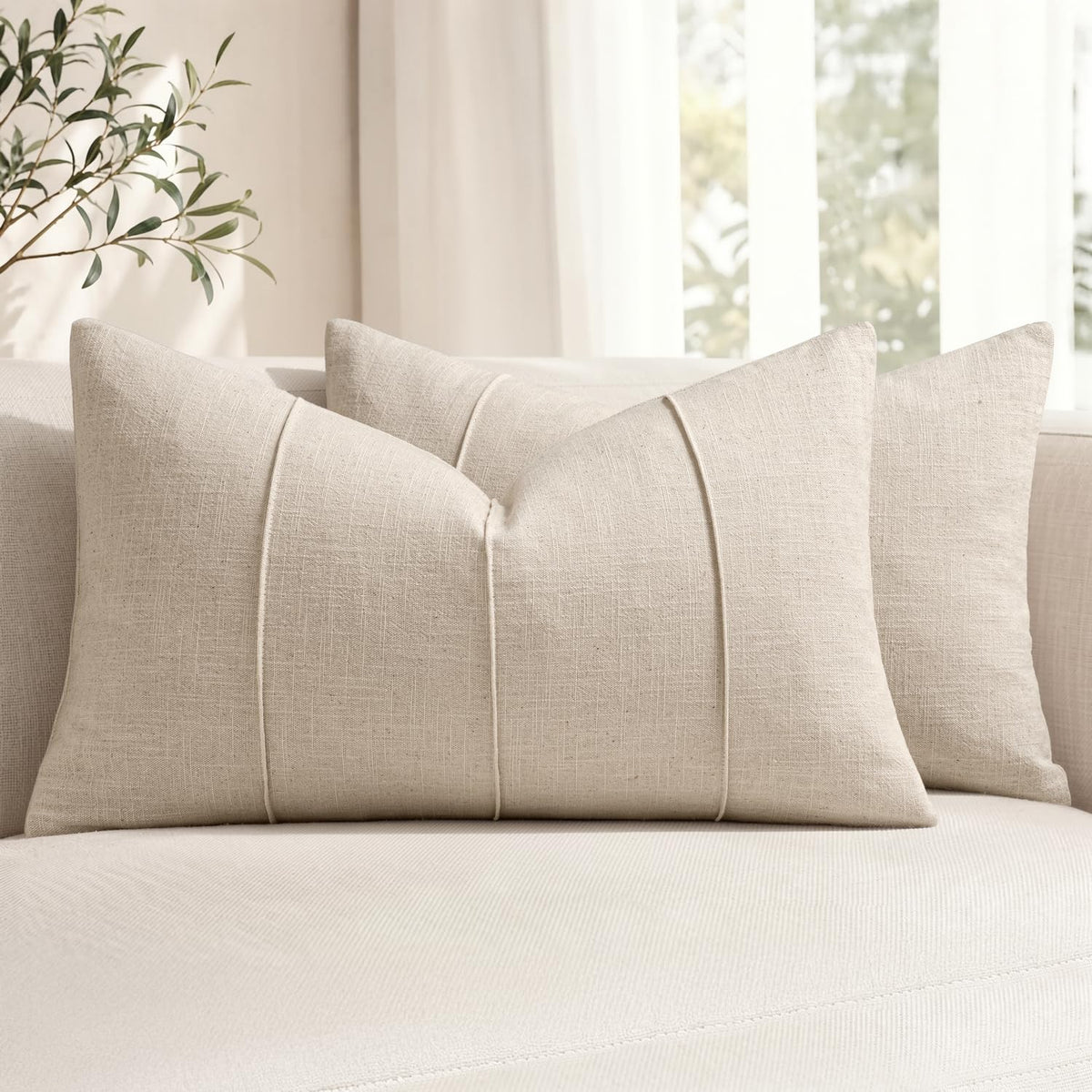 MIULEE Decorative Linen Throw Pillow Covers 18x18 Natural Beige Striped