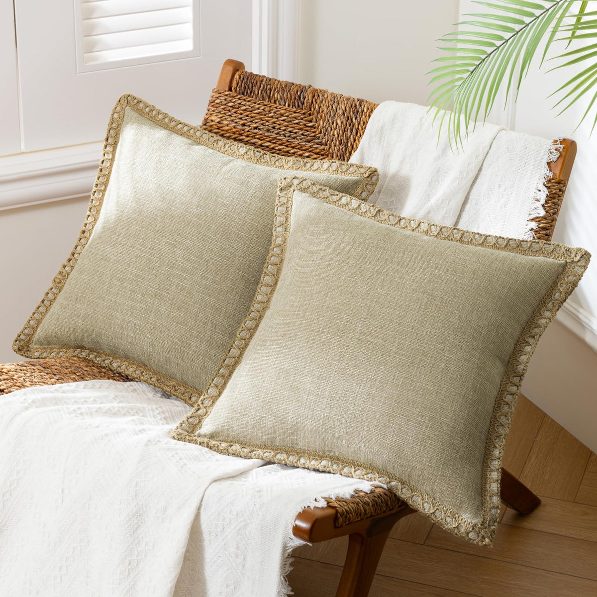 Phantoscope Pack of 2 Coastal Aqua Pillow Covers 18x18, Textured Polyester with Rope Trim, Fade Resistant Vintage Turquoise Blue Decorative Cushion Cases, Hidden Zipper, Farmhouse Boho Beach Decor