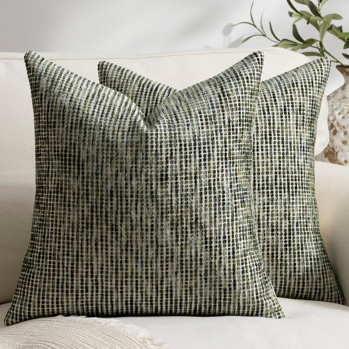 Pack of 2 Neutral Throw Pillow Covers 18x18 Boho Textured Dots Stripe Chenille Square Decorative Pillow Cases Accents for Living Room Couch Bed Farmhouse Home Decor, Taupe