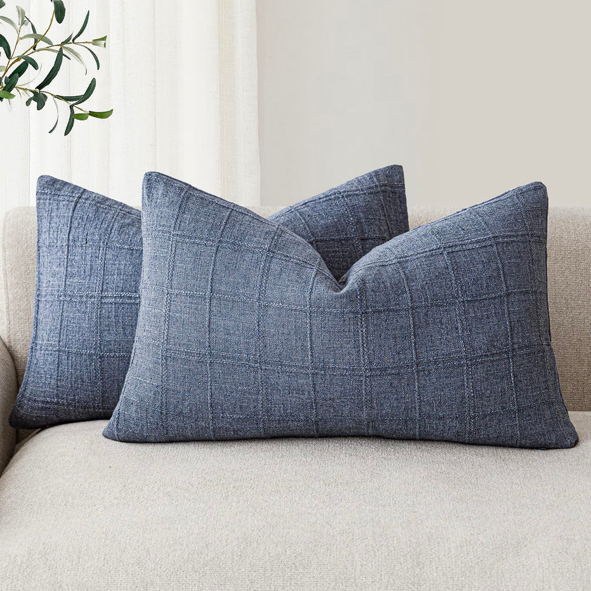 Foindtower Linen Check Decorative Throw Pillow Covers 18×18 Natural Beige
