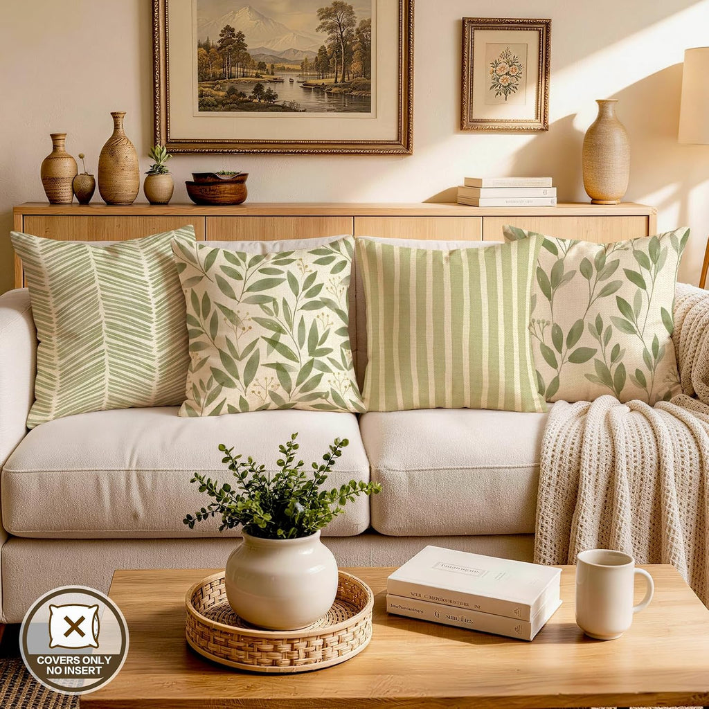 Sage Green Leaves Pillow Covers 18x18 Inch Botanical Cushion Cover Set of 4