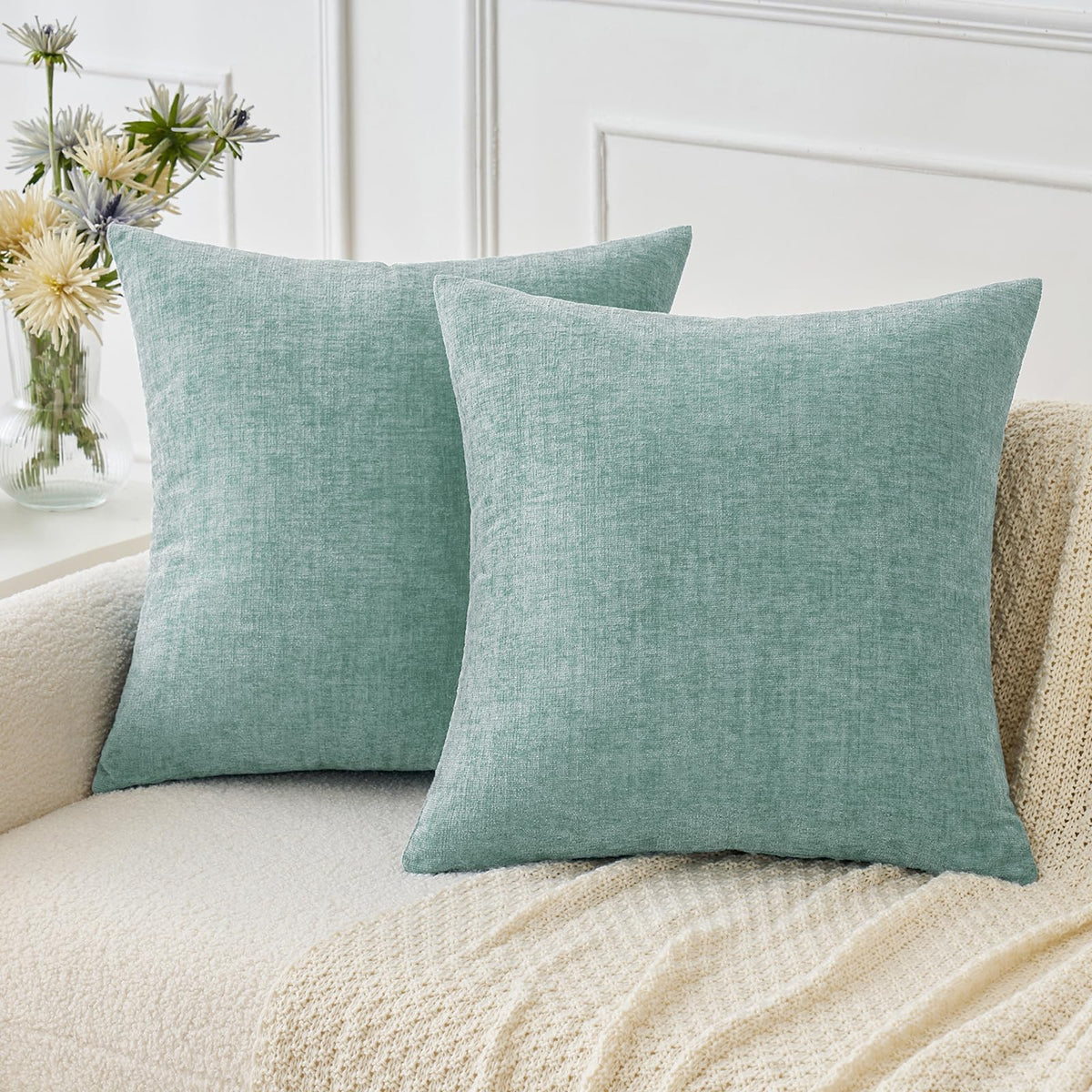 MIULEE Soft Chenille Throw Pillow Covers Green 18x18 Inch Pack of 2