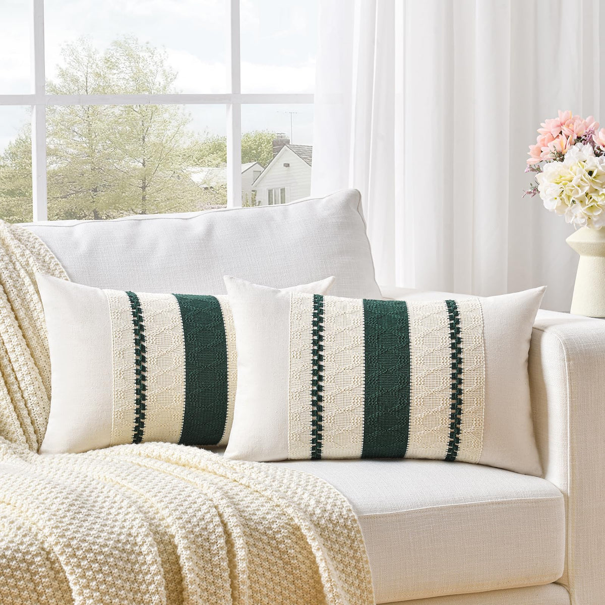 Fancy Homi Set of 2 Boho Olive Green Decorative Throw Pillow Cover 18x18 Inch for Couch Bed Sofa, Aesthetic Modern Organic Farmhouse Home Decor, Soft Cotton Cute Accent Macrame Woven Cushion Case