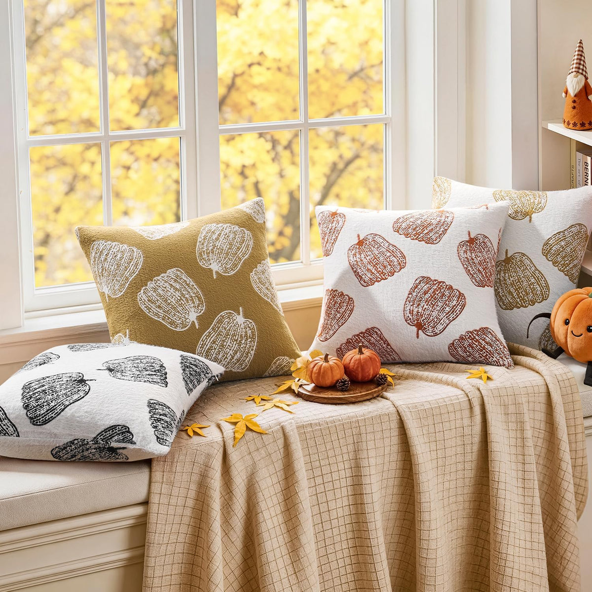 Throw Pillow Covers Set of 2 18x18 White Pumpkins Fall Camel Covers, Soft Faux Decorative Yellow Covers for Couch Sofa Bed Living Room, Farmhouse Home Boho Decor