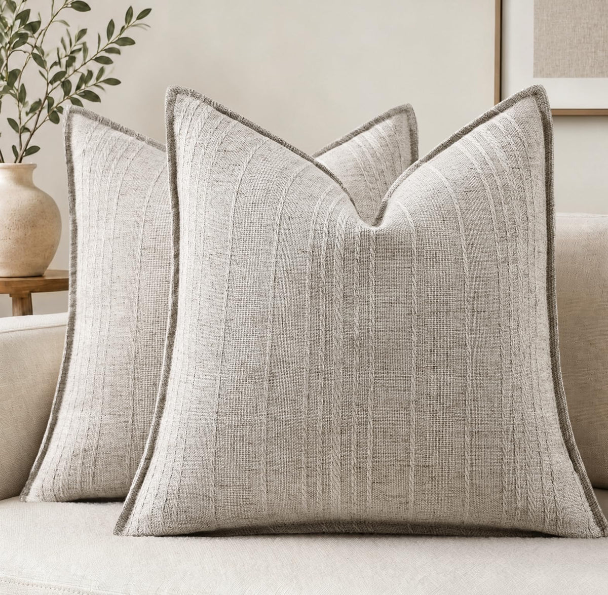 decorUhome Sage Green Textured Linen Throw Pillow Covers 18x18 Set of 2