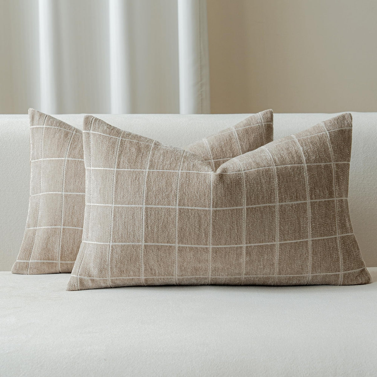 Decorative Chenille Plaid Fall Throw Pillow Covers Camel 18x18 Set of 2