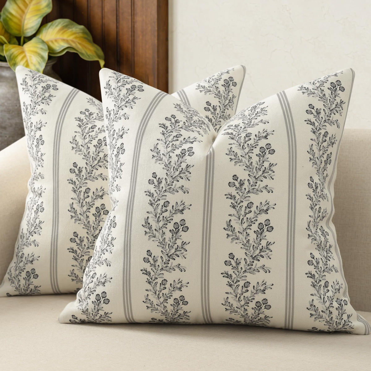 Vintage Throw Pillow Covers 20x20 Set of 2, Striped Floral Pillow Cover Botanical Patterned Decorative Cushion Covers Modern Farmhouse Home Decor for Sofa Couch Bed Living Room, Light Blue