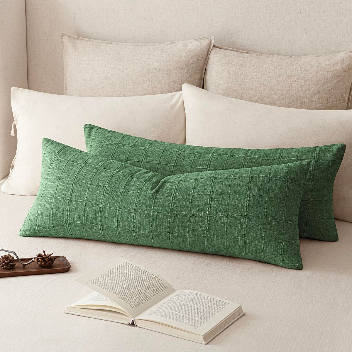 Foindtower Linen Check Decorative Throw Pillow Covers 18×18 Natural Beige