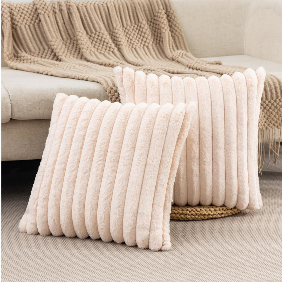 ZLINA Faux Fur Decorative Throw Pillow Covers 22 x 22 Inch,Black