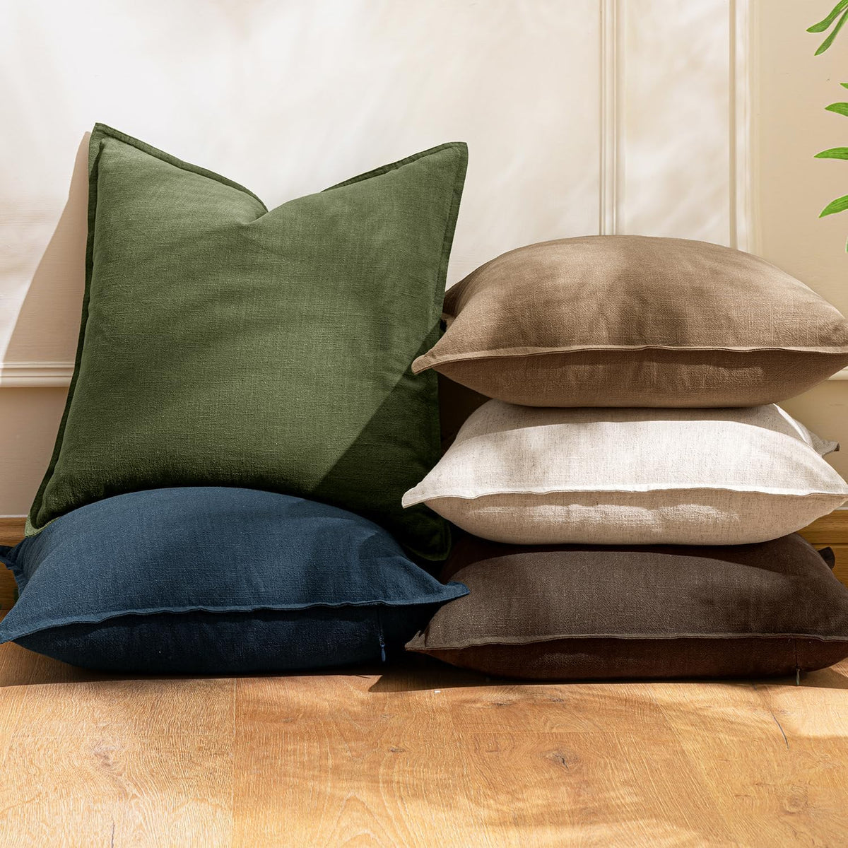 Set of 2 Linen Solid Throw Pillow Covers 20x20 Inch Dark Olive Green