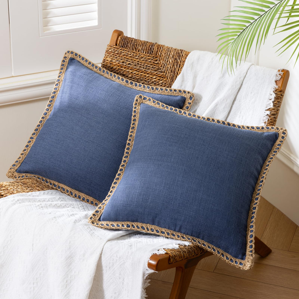 Phantoscope Pack of 2 Coastal Aqua Pillow Covers 18x18, Textured Polyester with Rope Trim, Fade Resistant Vintage Turquoise Blue Decorative Cushion Cases, Hidden Zipper, Farmhouse Boho Beach Decor