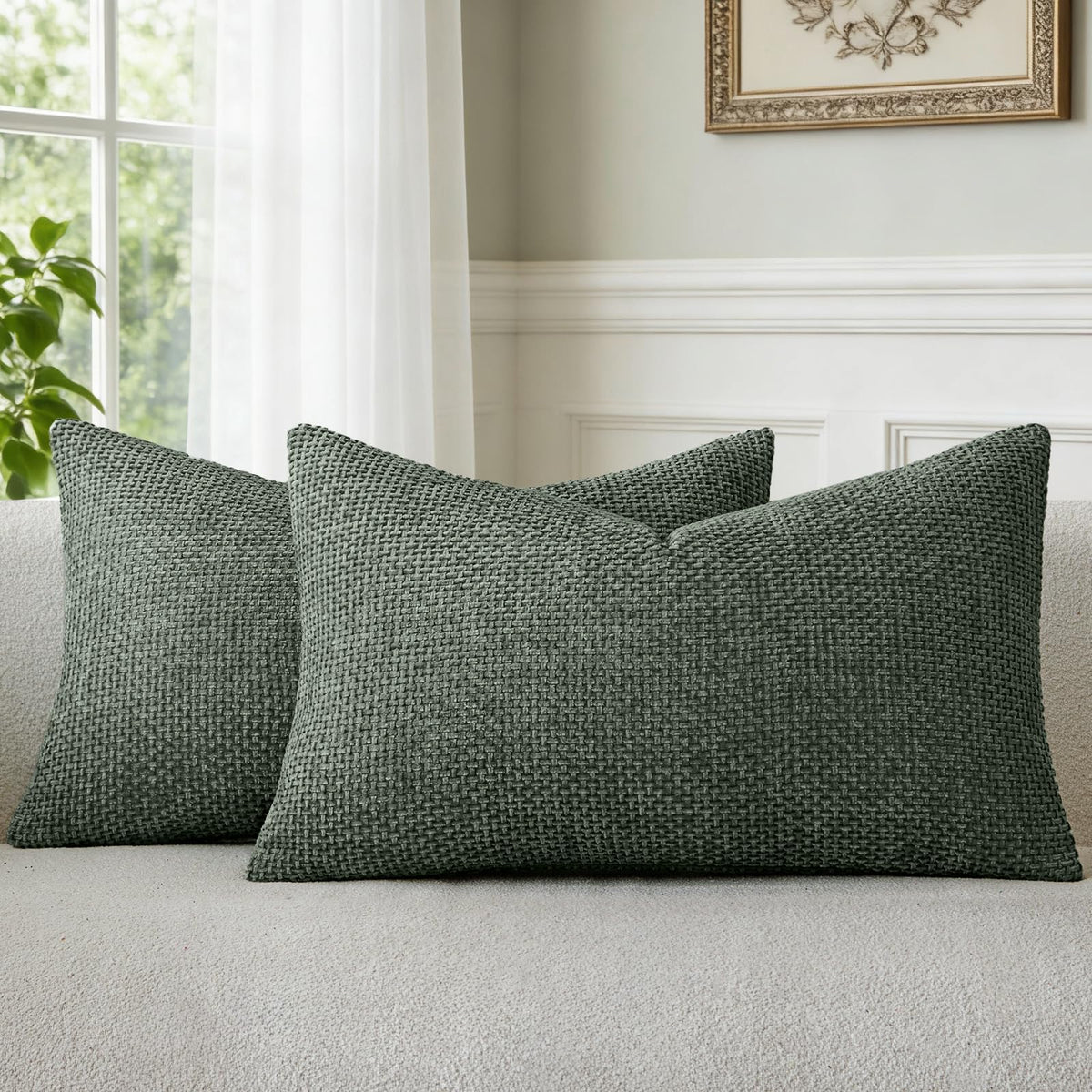 a moment Light Green Chenille Throw Pillow Covers 20x20 Inch Pack of 2 Modern Decorative Throw Pillow Covers Farmhouse Cross Covers Home Decor for Sofa Bedroom Living Room Spring