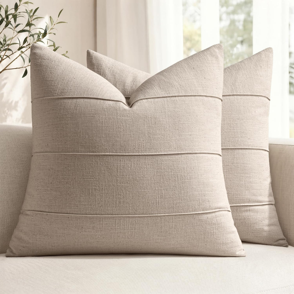 MIULEE Decorative Linen Throw Pillow Covers 18x18 Natural Beige Striped