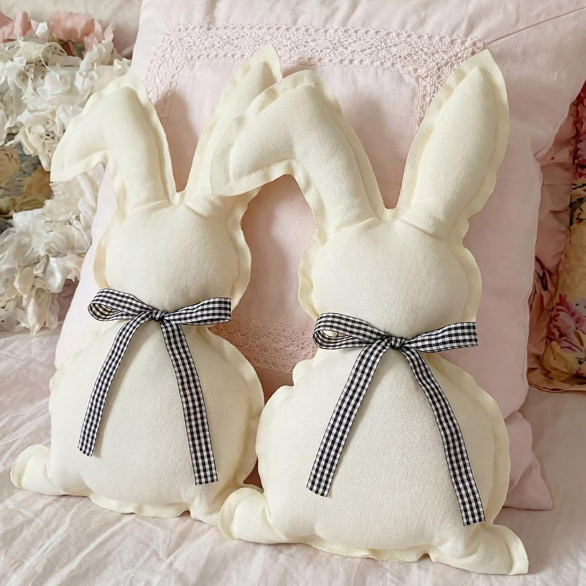 Gilprop 2 Pcs Easter Bunny Throw Pillows Cute Rabbit Shaped Cotton-Linen Decorative Pillows with Plaid Bow Tie Farmhouse Easter Home Decor for Bedroom Sofa Couch Birthday Gift Ideas (16.9x9.8 Inches)