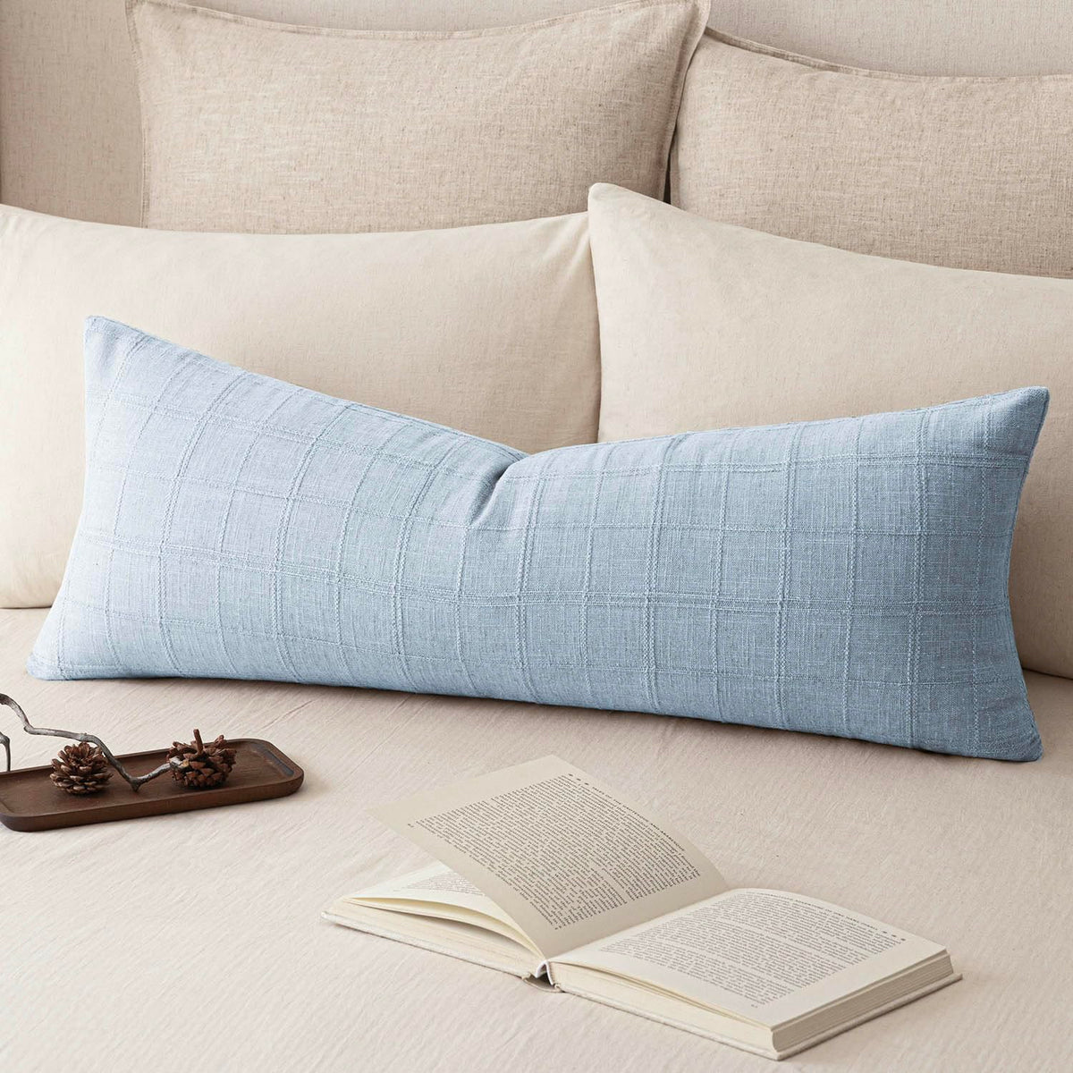 Foindtower Set of 1 Decorative Linen Check Throw Pillow Cover Neutral Farmhouse Lumbar Cushion Cover Modern Boho Home Decor for Sofa Chair Couch Bedroom Living Room,12×20 Inch,Olive Green
