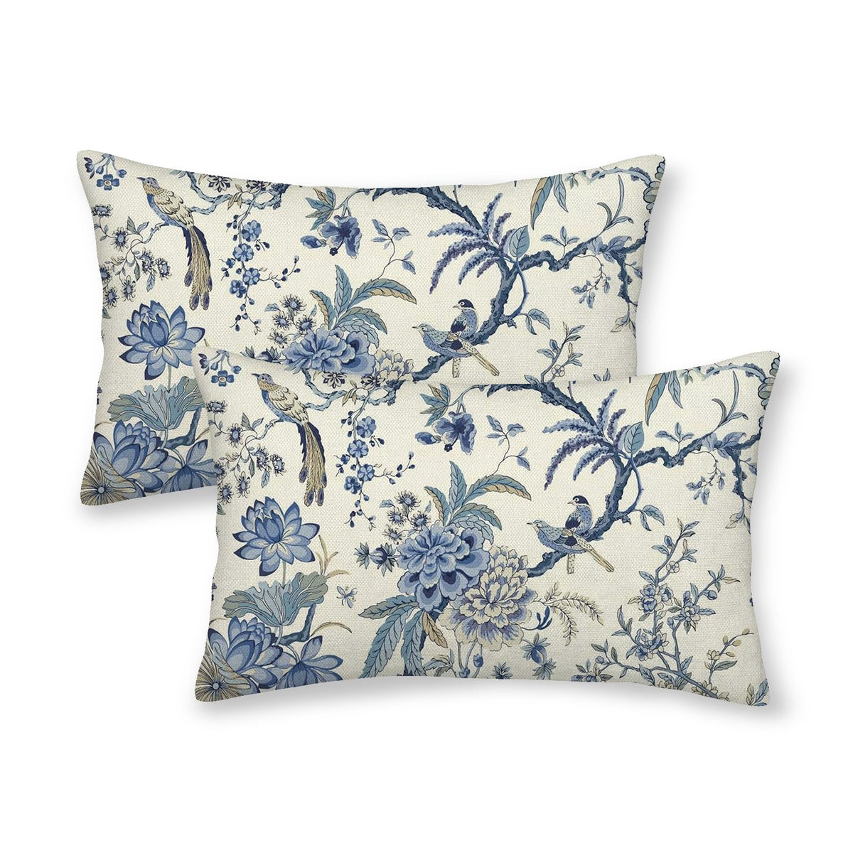 CXMEIFLY Spring Floral Birds Pillow Covers 22 x 22 Inch Set of 2 for Chinoiserie Flowers Decor Throw Pillows Blue and White Plant Outdoor Decorative Cushion Cases for Couch Bed Decorations