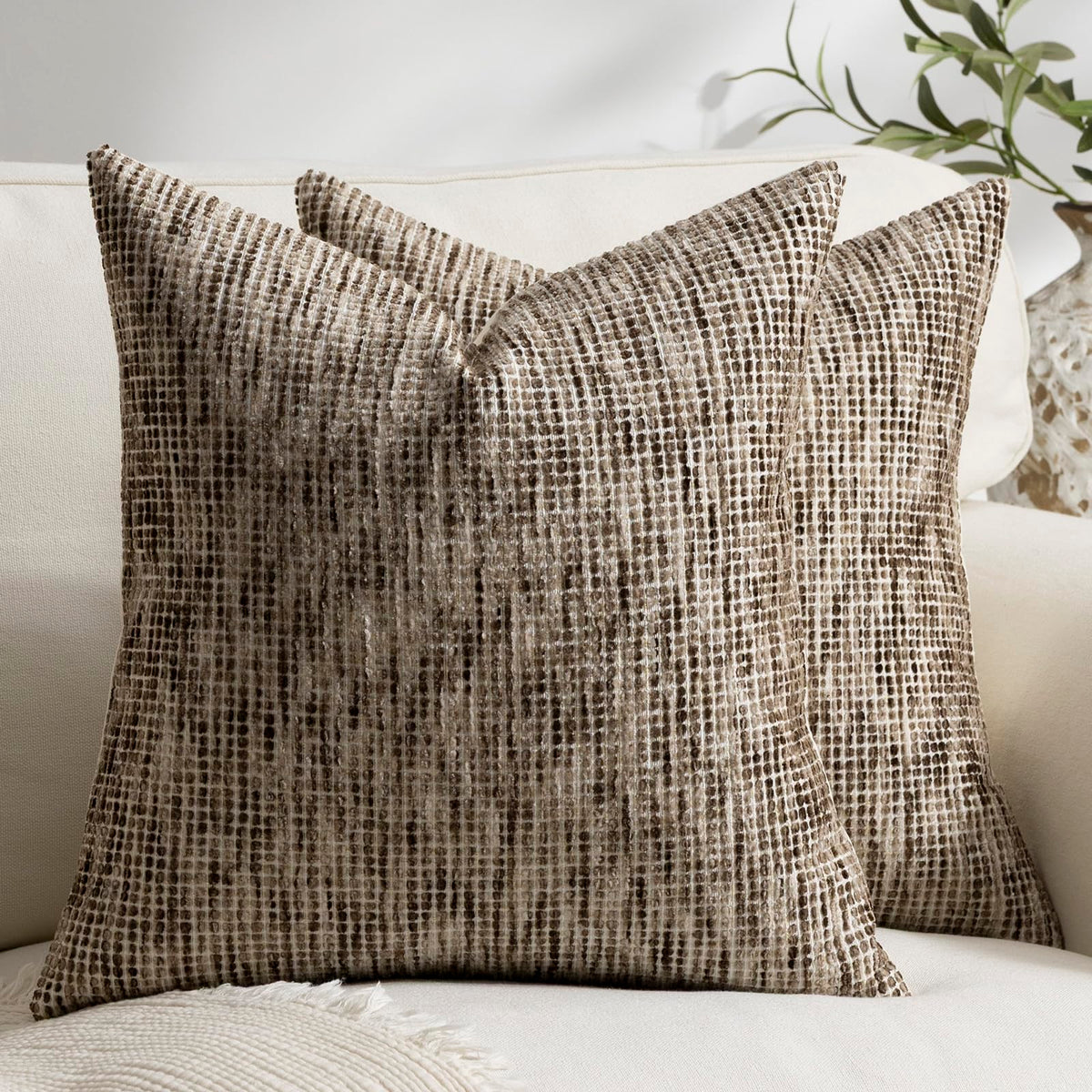 Pack of 2 Neutral Throw Pillow Covers 18x18 Boho Textured Dots Stripe Chenille Square Decorative Pillow Cases Accents for Living Room Couch Bed Farmhouse Home Decor, Taupe