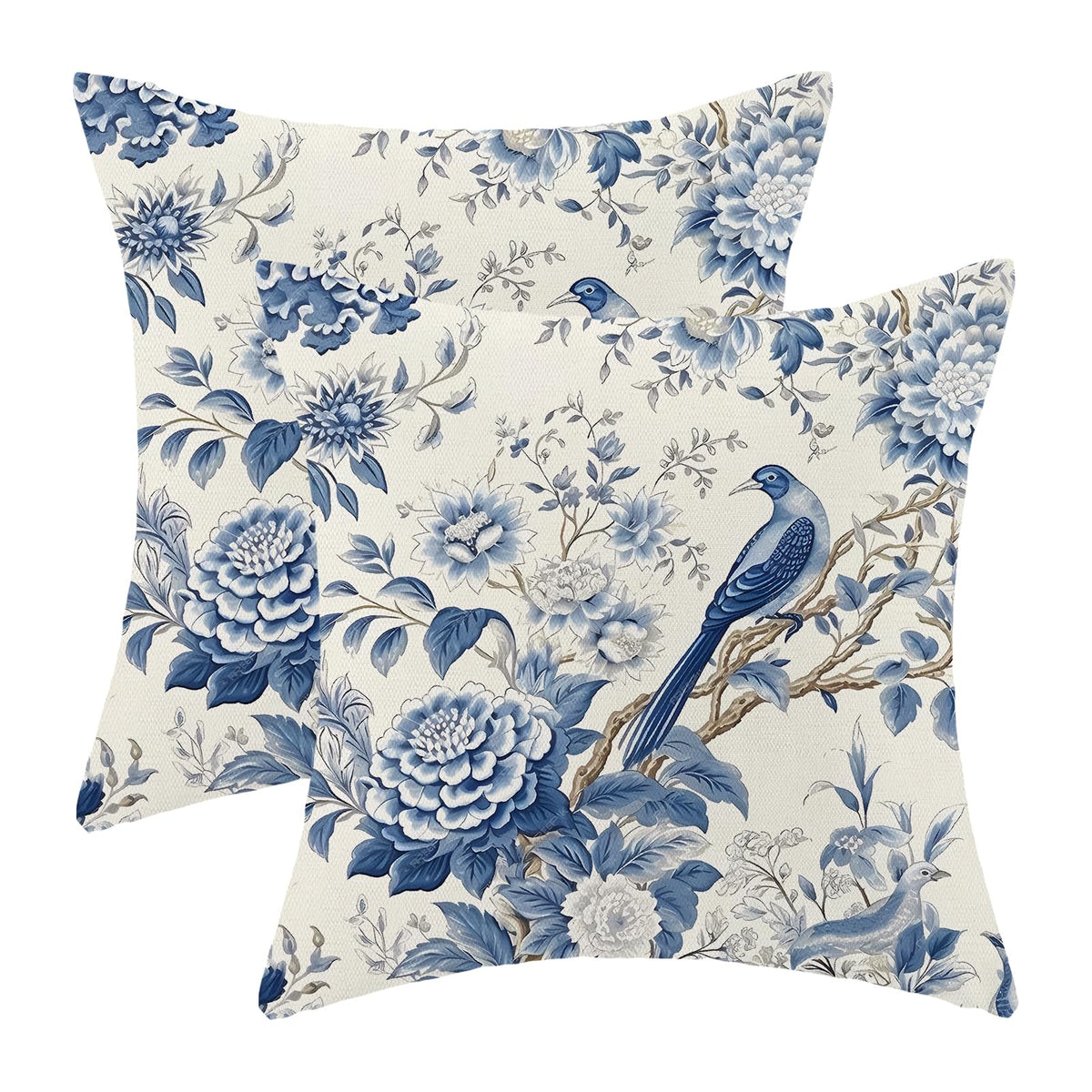 CXMEIFLY Spring Floral Birds Pillow Covers 22 x 22 Inch Set of 2 for Chinoiserie Flowers Decor Throw Pillows Blue and White Plant Outdoor Decorative Cushion Cases for Couch Bed Decorations