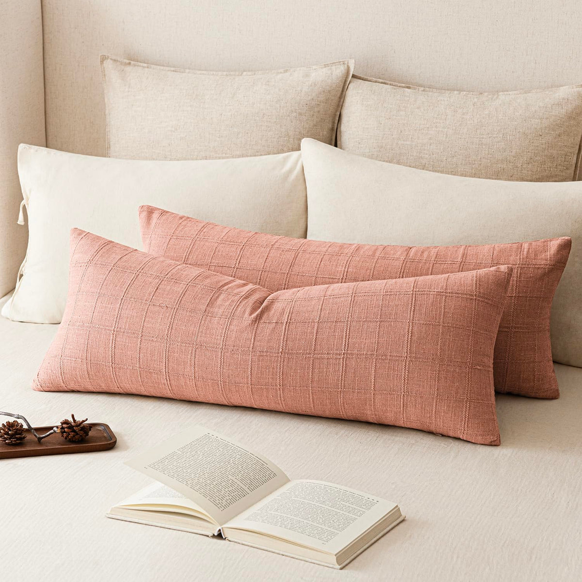 Foindtower Linen Check Decorative Throw Pillow Covers 18×18 Natural Beige