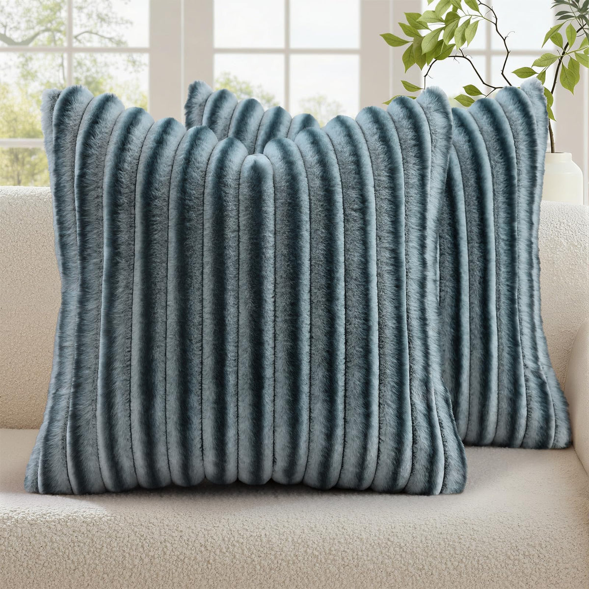 decorUhome Fall Faux Fur Throw Pillow Covers 18x18 Set of 2 Grey Blue