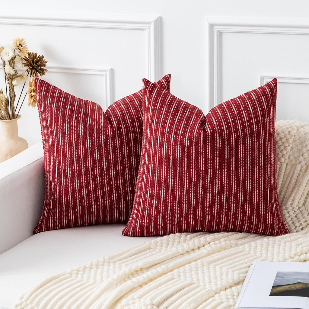 Kevin Textile Valentines Farmhouse Decorative Throw Pillow Covers Boho Woven Texture Burlap Linen Cushion Cover Striped Pillowcase, Wine Red 18 x 18 inches Pack of 2