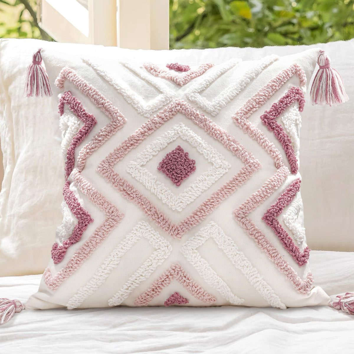 Boho Sofa Throw Pillow Covers – Exquisitely Crafted with Hand-Finished Tuft with Thick Cotton Tassel Details – Soft & Stylish Moroccan Decorative, 18x18inch (Spring Ruched)