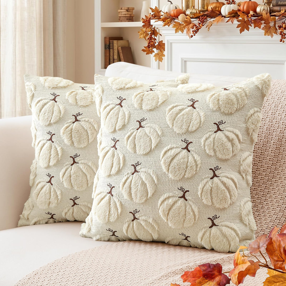 Artscope Fall Pumpkin Throw Pillow Covers 18x18 Set of 2, Autumn Soft Plush Faux Fur Decoration Cushion Covers for Thanksgiving Holiday Couch Sofa Bedroom Home Decor-Beige